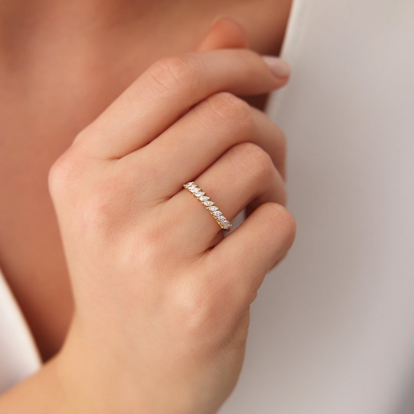 14K Gold Domino Marquise Wedding Band