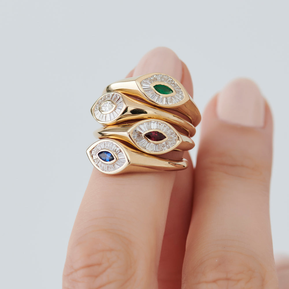 14k Gold Marquise Shape Baguette Diamond Ring