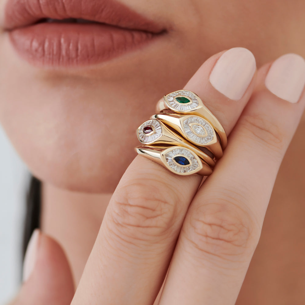 14k Gold Marquise Shape Baguette Diamond Ring