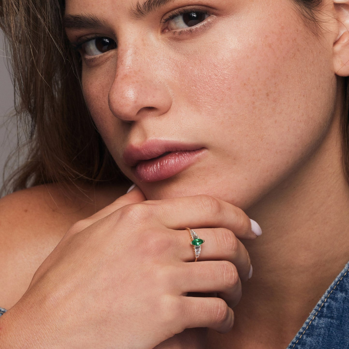 14k Gold Marquise Shape Emerald Ring with Baguette Accents