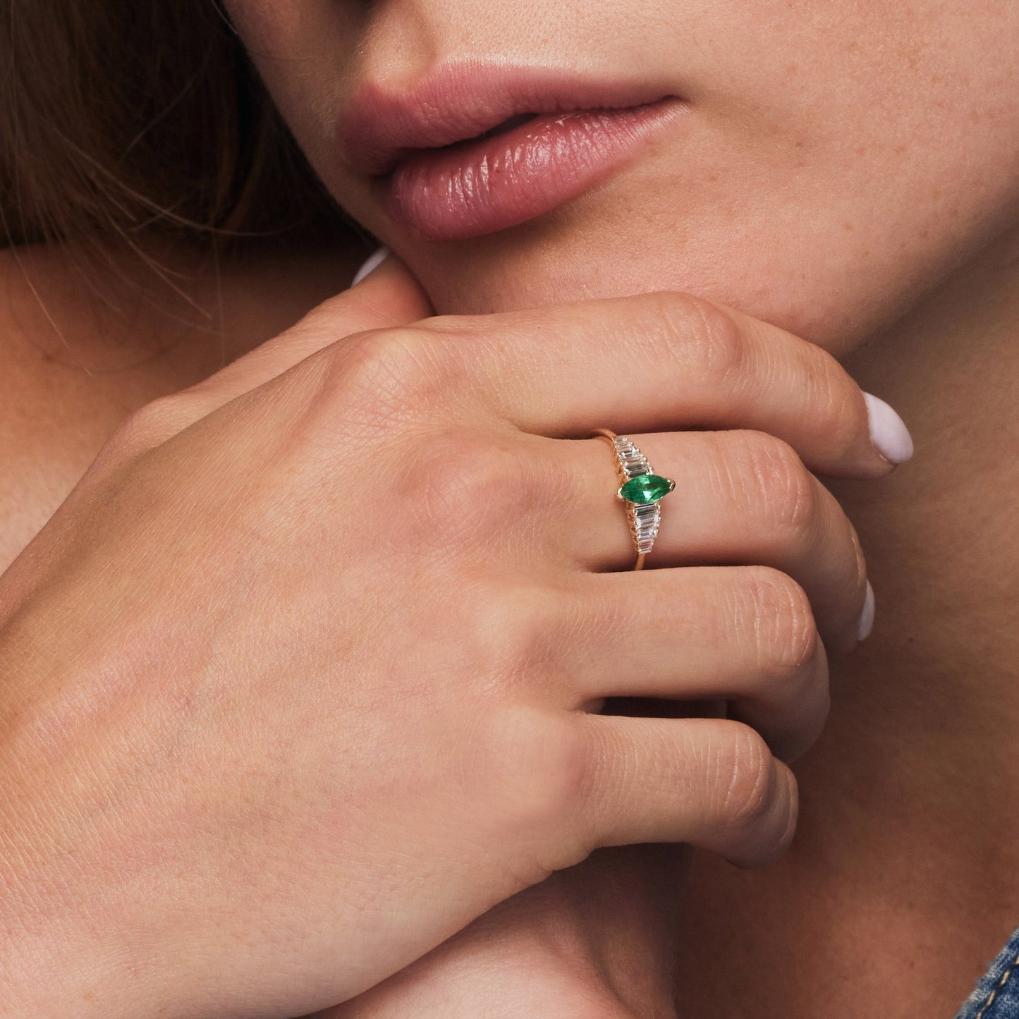 14k Gold Marquise Shape Emerald Ring with Baguette Accents