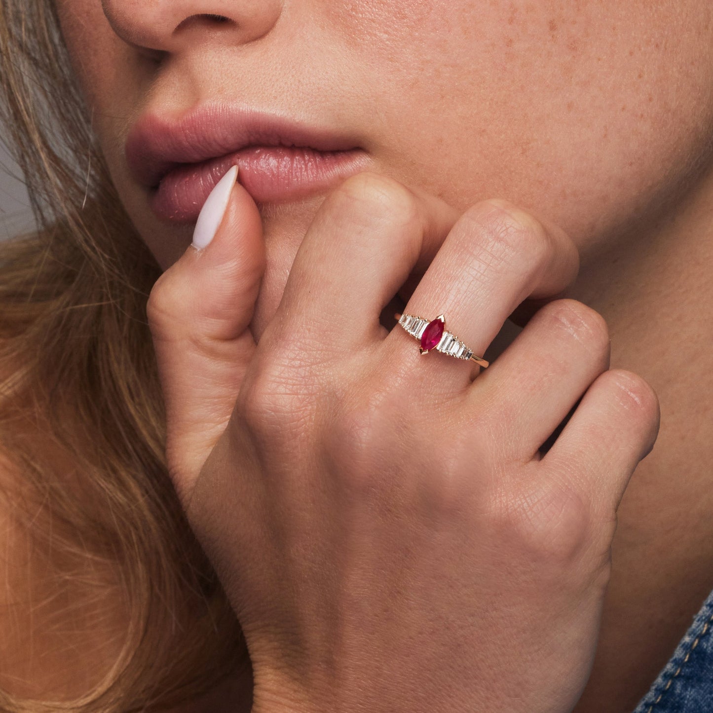 14k Gold Marquise Shape Ruby Ring with Baguette Accents