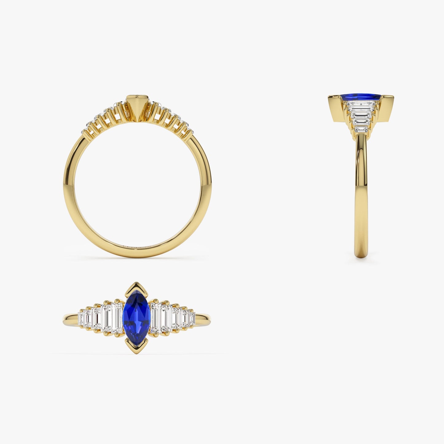 14k Gold Marquise Shape Sapphire Ring with Baguette Accents