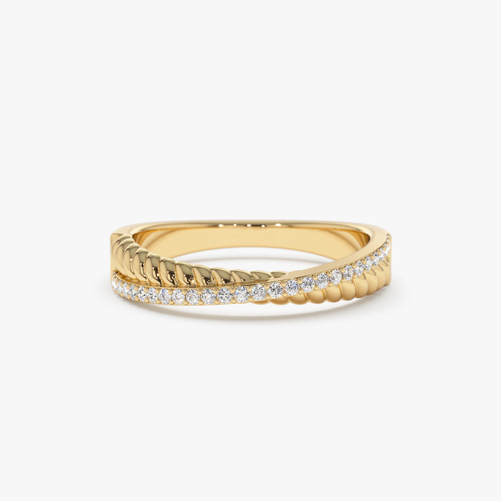 14k Gold Micro Pave Diamond Twisted Rope Criss Cross Ring - Geum Jewels