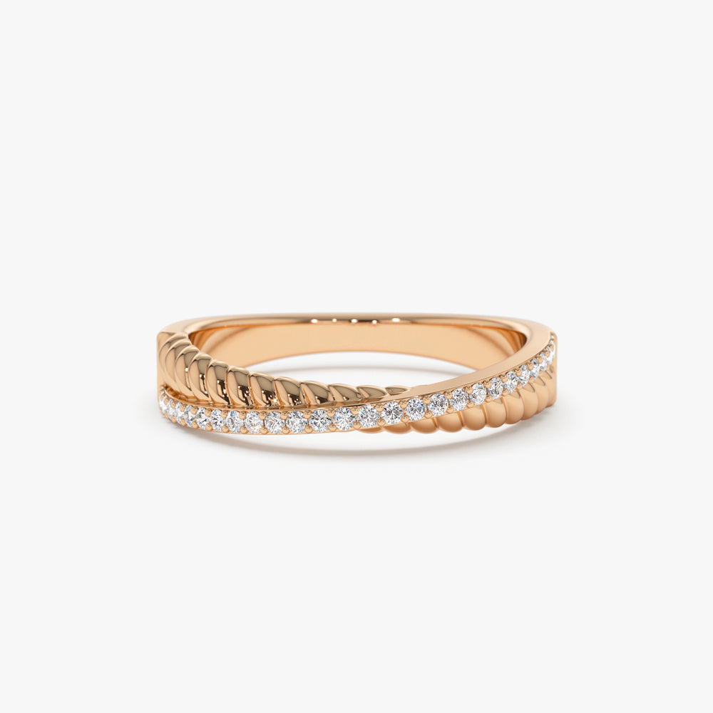 14k Gold Micro Pave Diamond Twisted Rope Criss Cross Ring - Geum Jewels