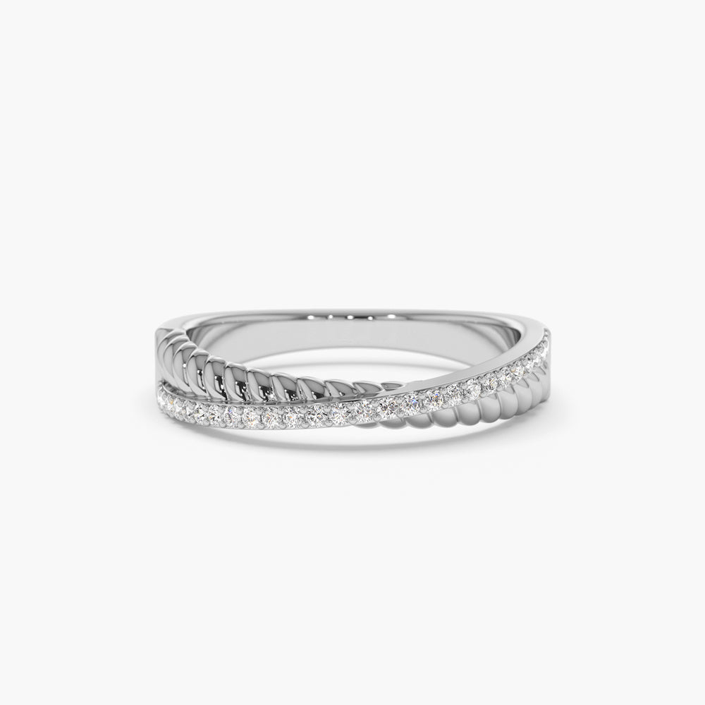 14k Gold Micro Pave Diamond Twisted Rope Criss Cross Ring - Geum Jewels
