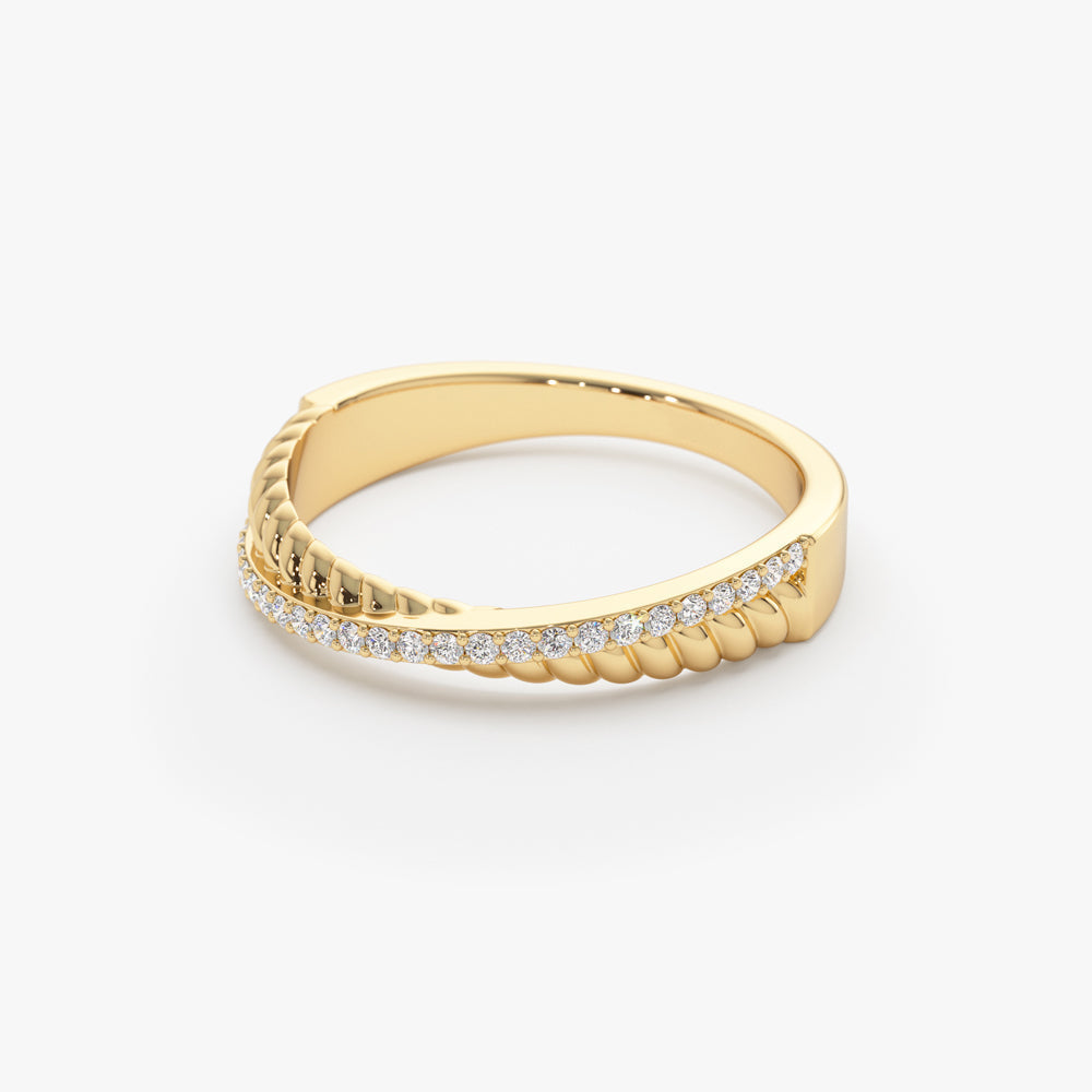 14k Gold Micro Pave Diamond Twisted Rope Criss Cross Ring - Geum Jewels