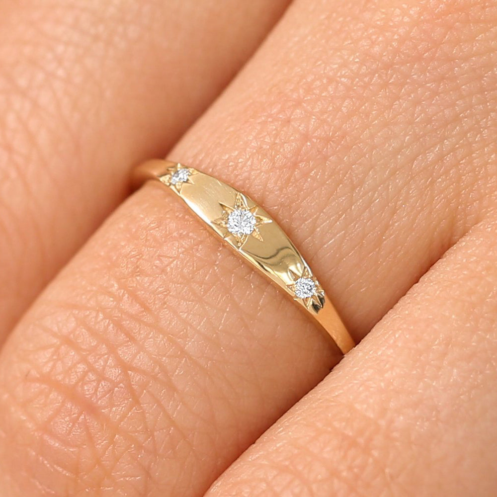 14K Gold Star Setting 3 Diamond Stacking Ring