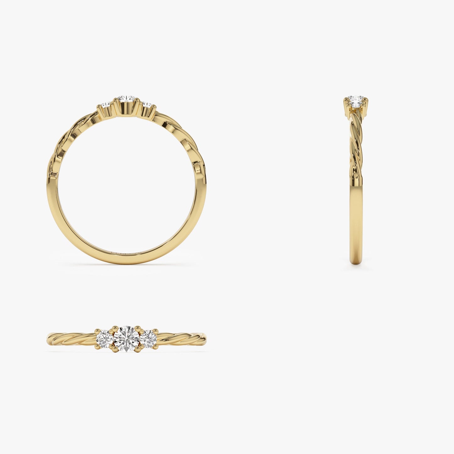 14k Gold Three Stone Dainty Diamond Twisted Ring