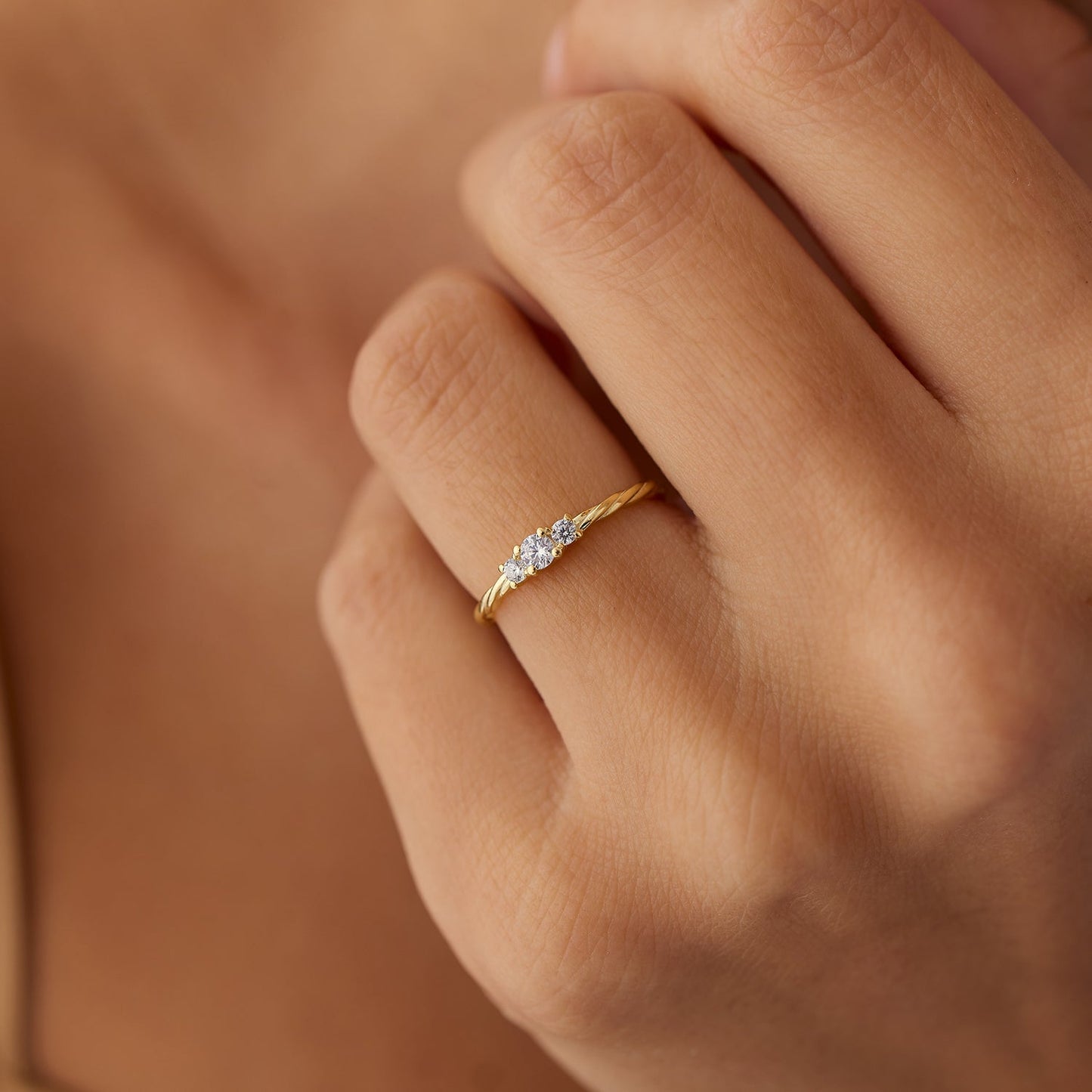 14k Gold Three Stone Dainty Diamond Twisted Ring