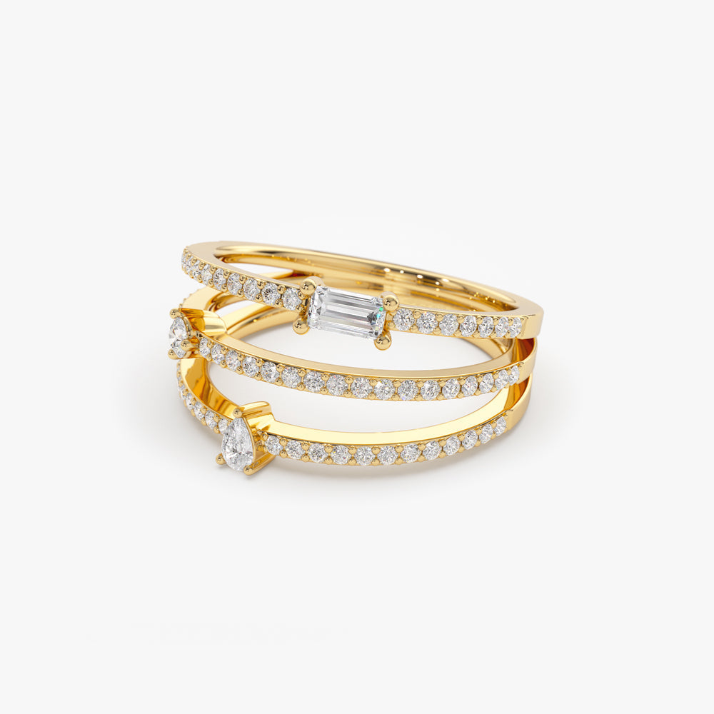 14k Gold Triple Row Mix Diamond Statement Ring - Geum Jewels