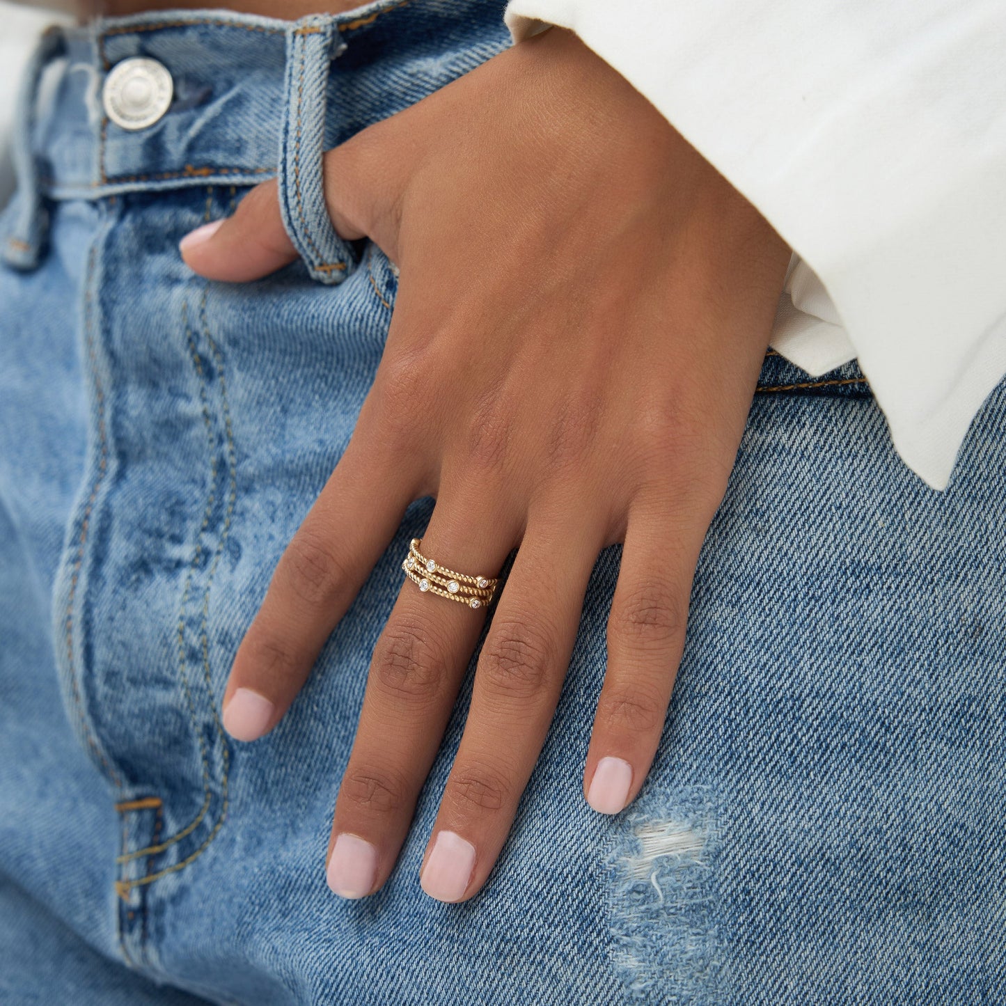 14K Gold Twisted Rope Triple Diamond Ring