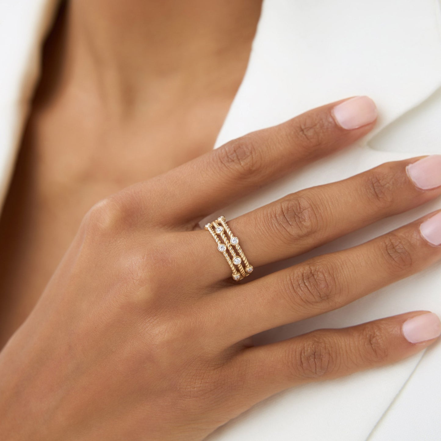 14K Gold Twisted Rope Triple Diamond Ring