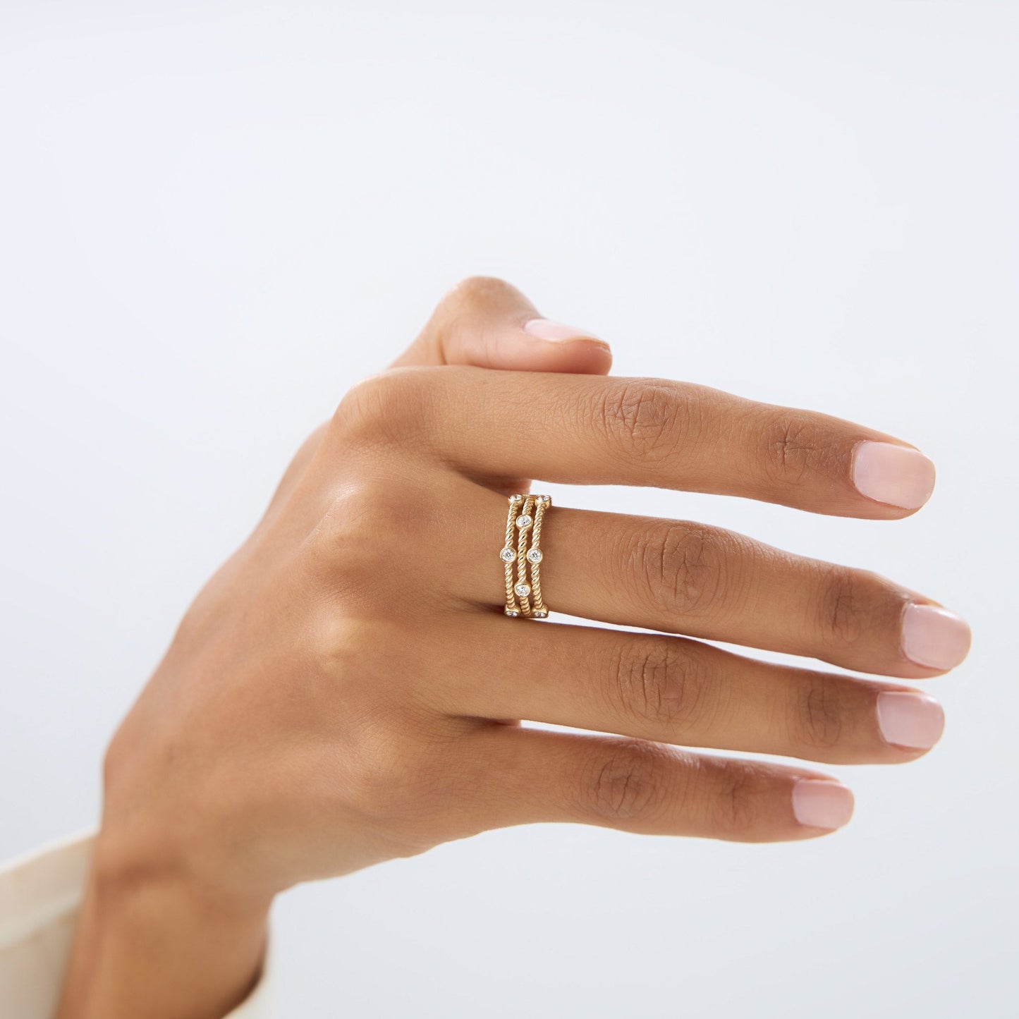 14K Gold Twisted Rope Triple Diamond Ring