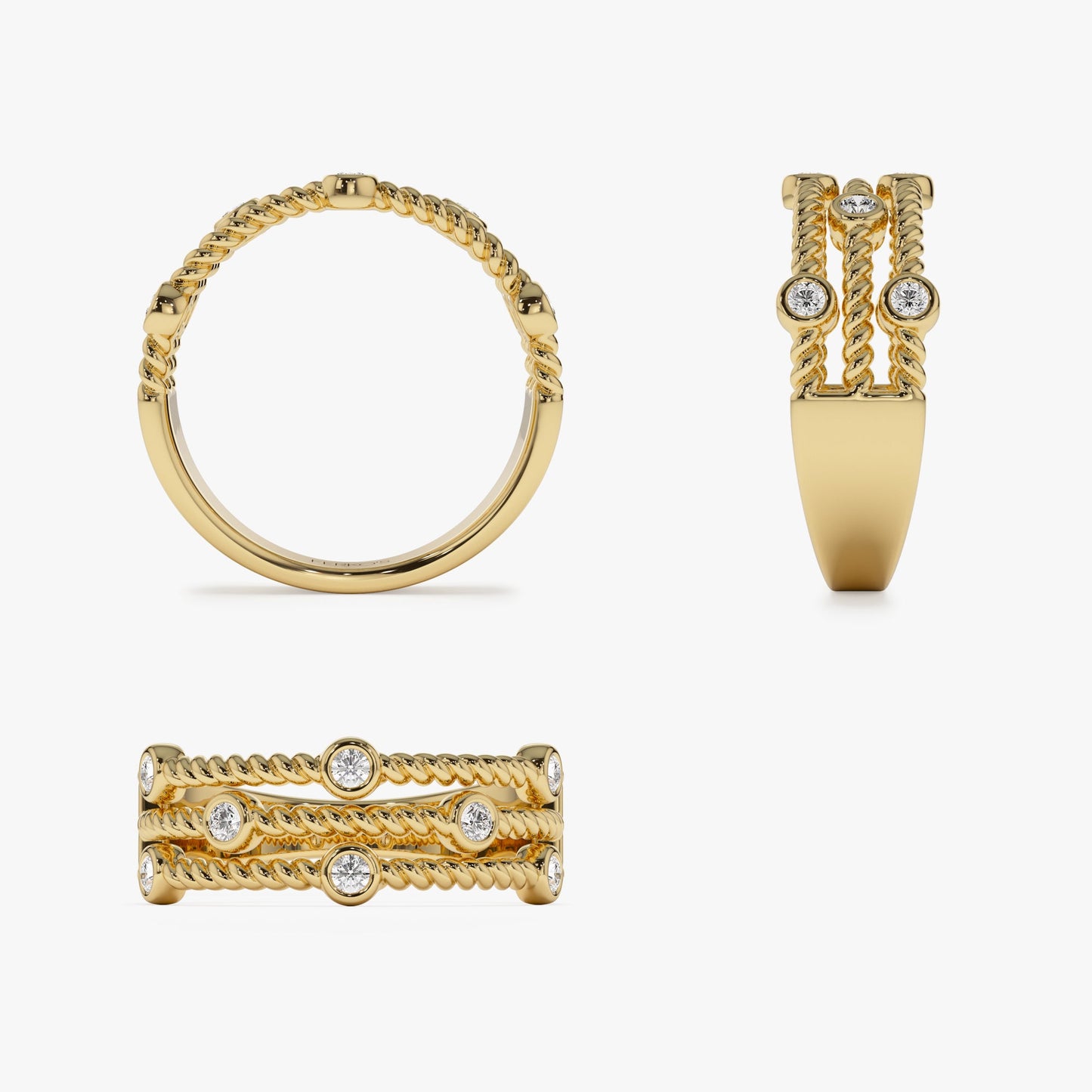 14K Gold Twisted Rope Triple Diamond Ring