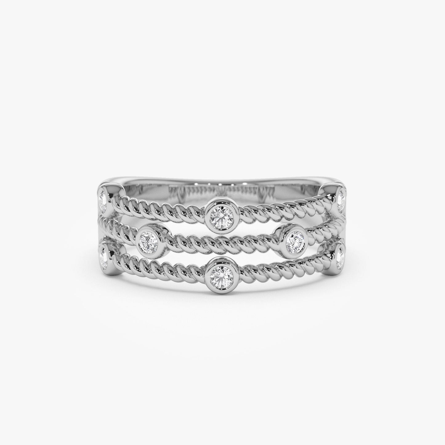 14K Gold Twisted Rope Triple Diamond Ring - Geum Jewels