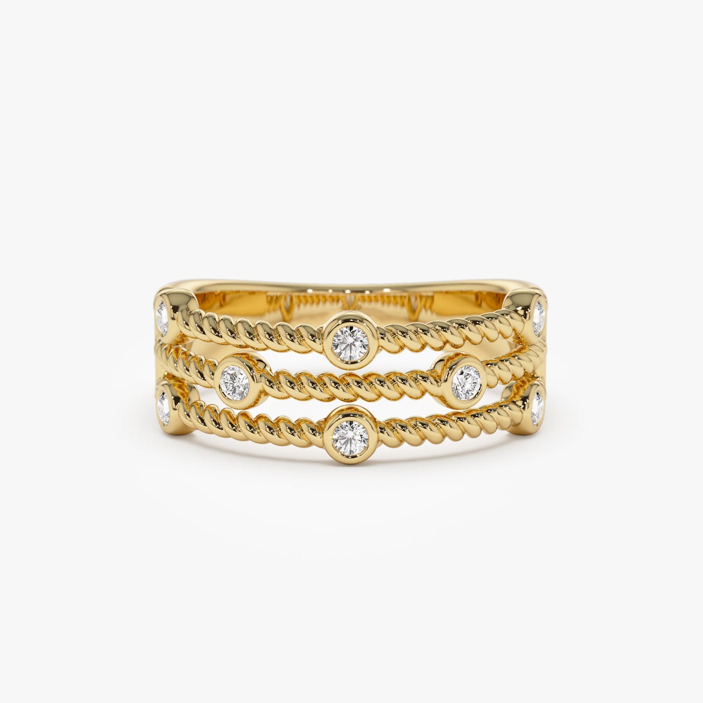 14K Gold Twisted Rope Triple Diamond Ring - Geum Jewels
