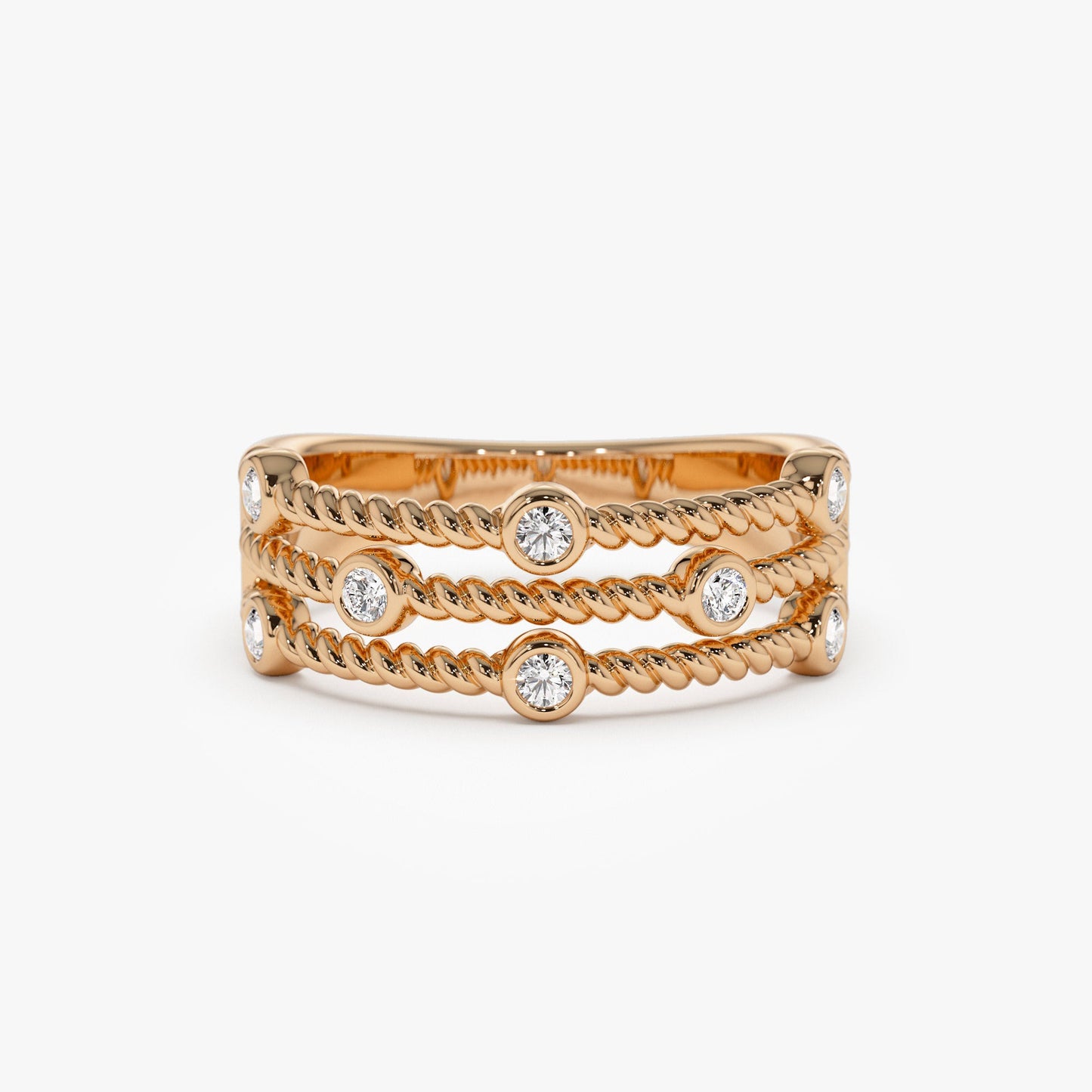 14K Gold Twisted Rope Triple Diamond Ring - Geum Jewels