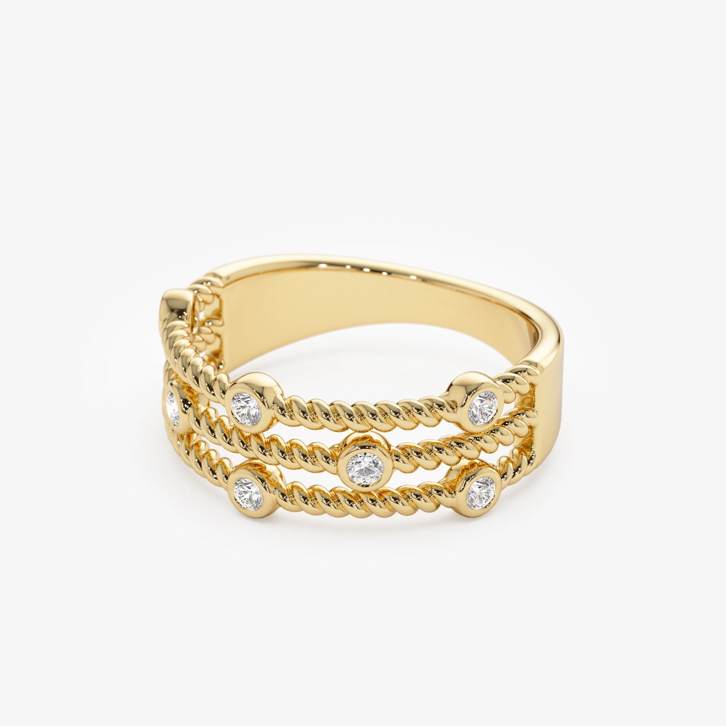 14K Gold Twisted Rope Triple Diamond Ring - Geum Jewels