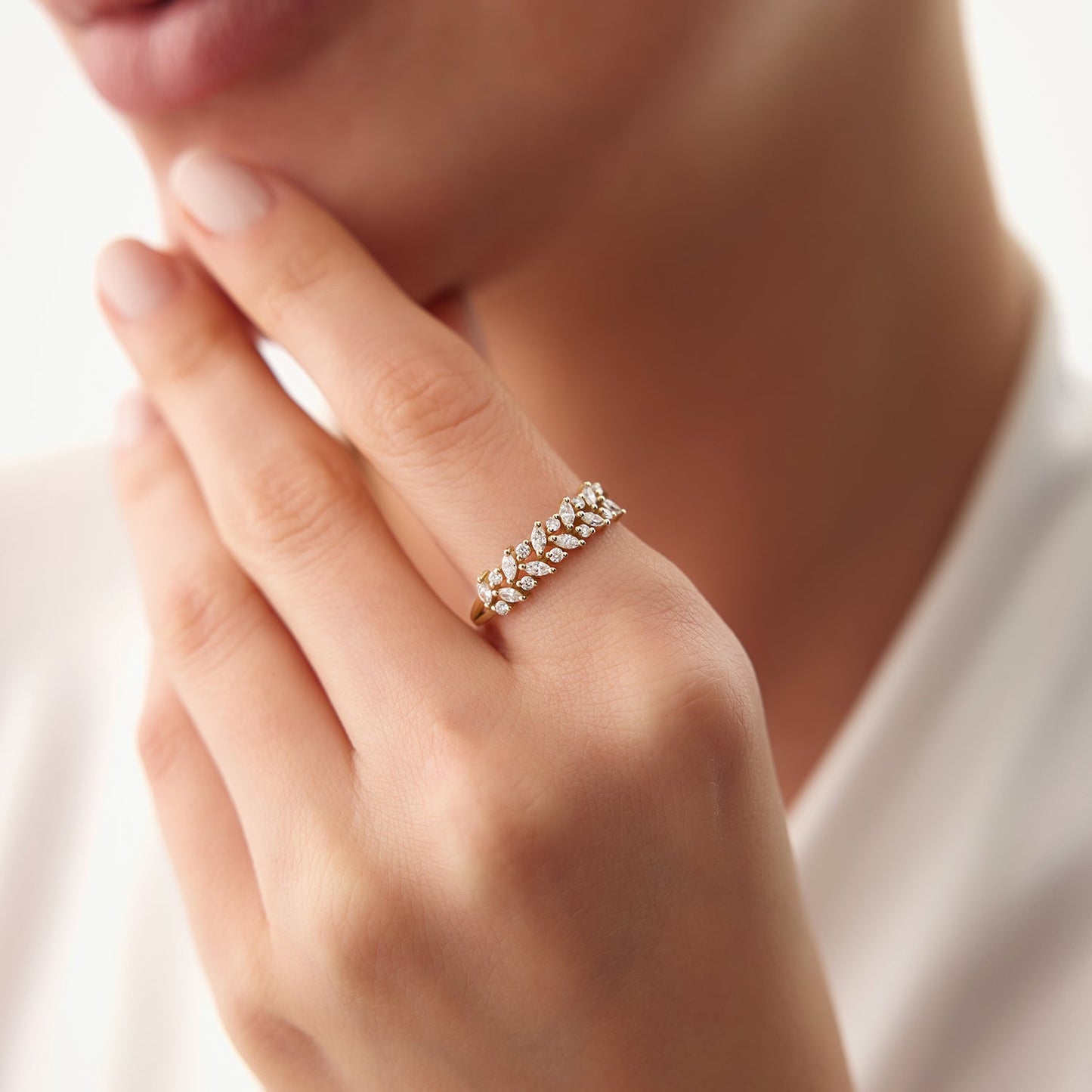 14K Gold Two Row Marquise & Round Diamond Ring