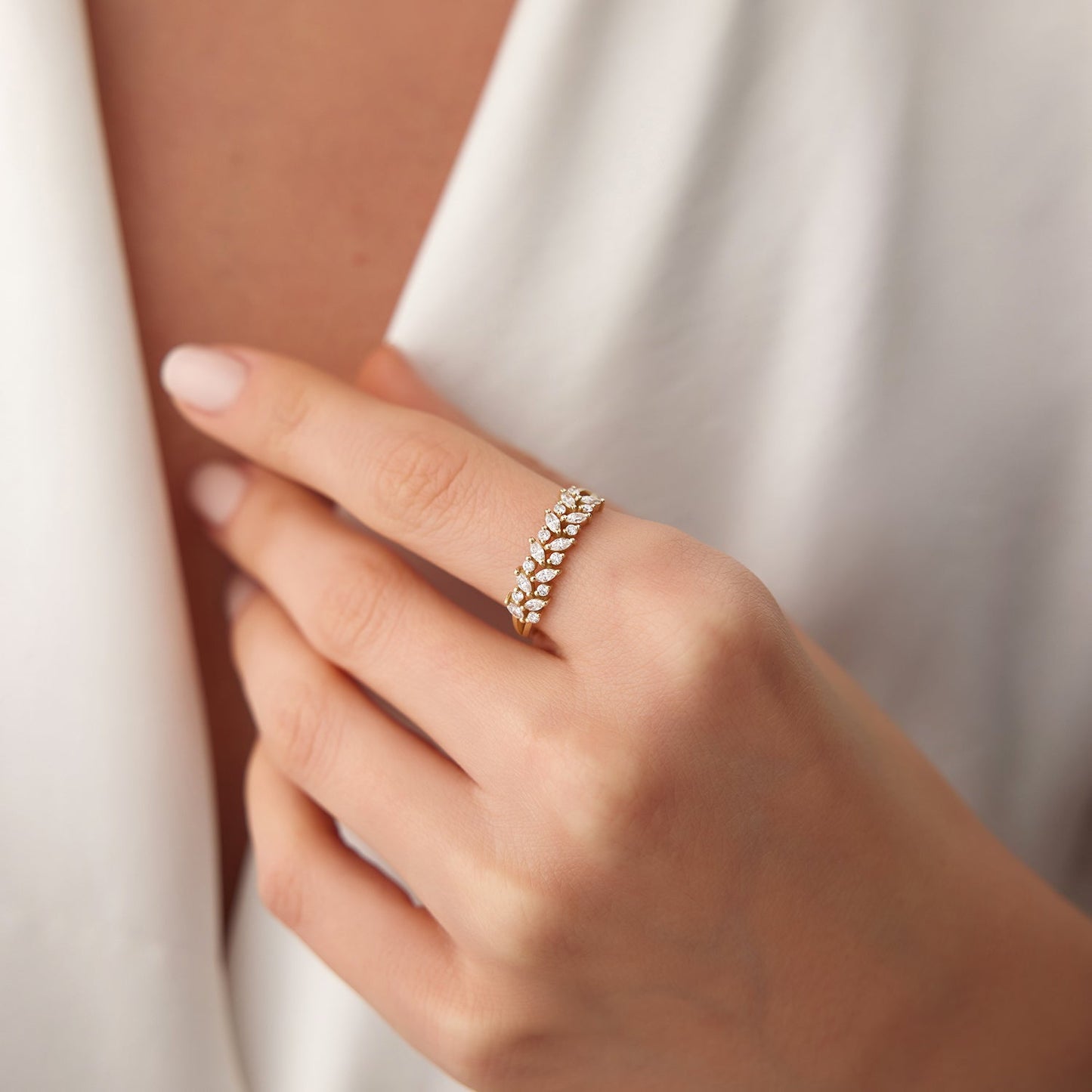 14K Gold Two Row Marquise & Round Diamond Ring