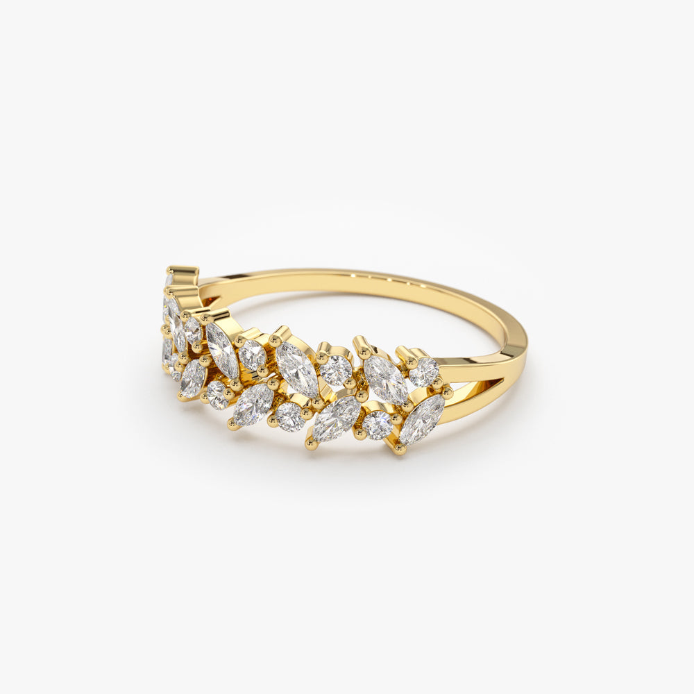 14K Gold Two Row Marquise & Round Diamond Ring