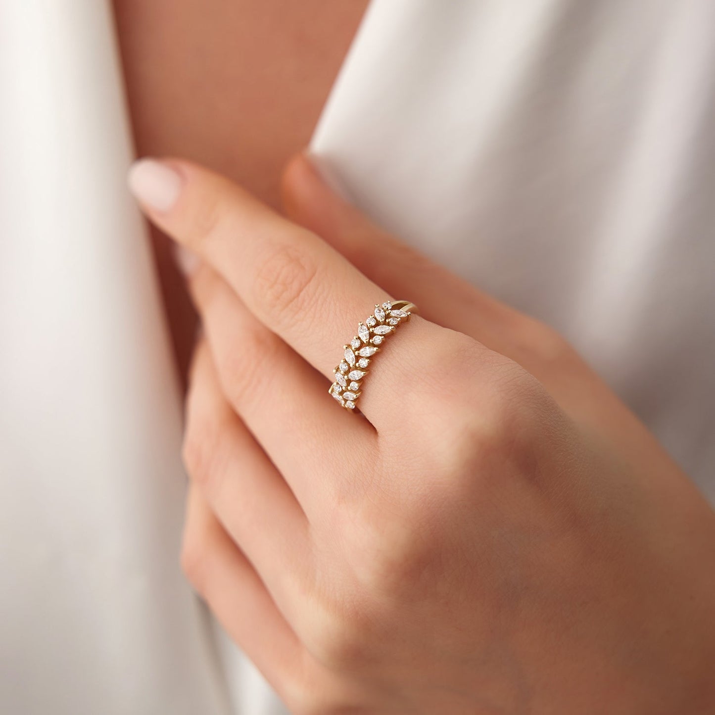 14K Gold Two Row Marquise & Round Diamond Ring