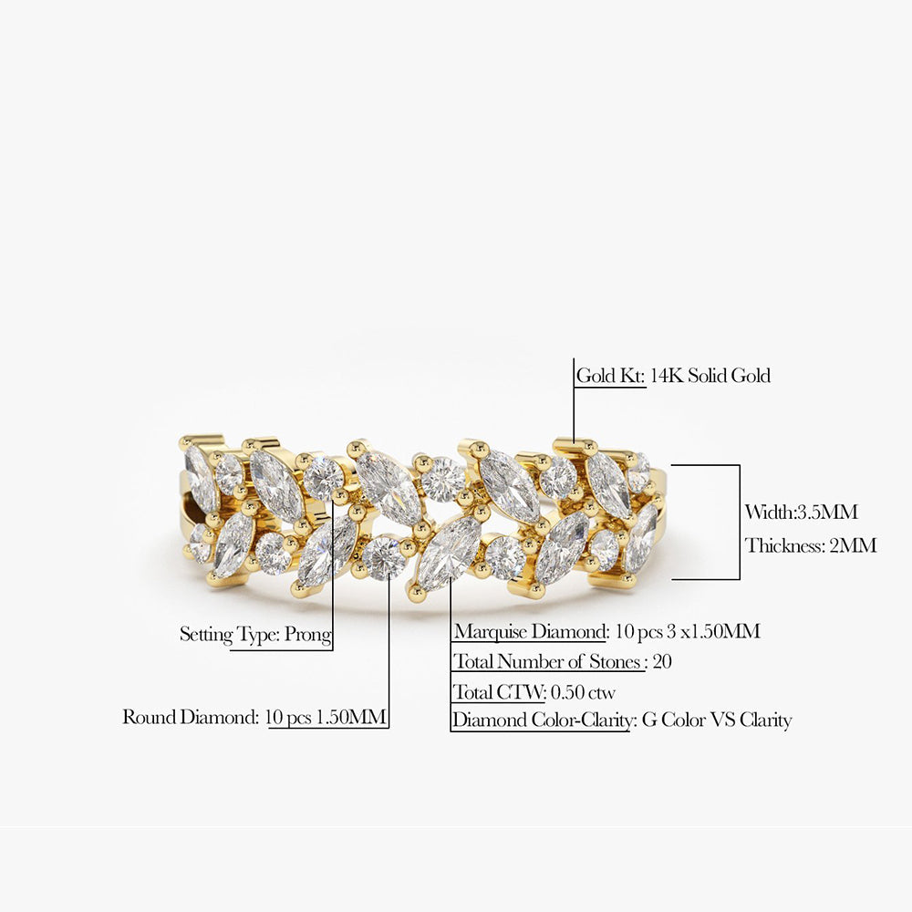 14K Gold Two Row Marquise & Round Diamond Ring