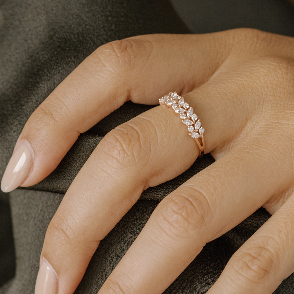 14K Gold Two Row Marquise & Round Diamond Ring