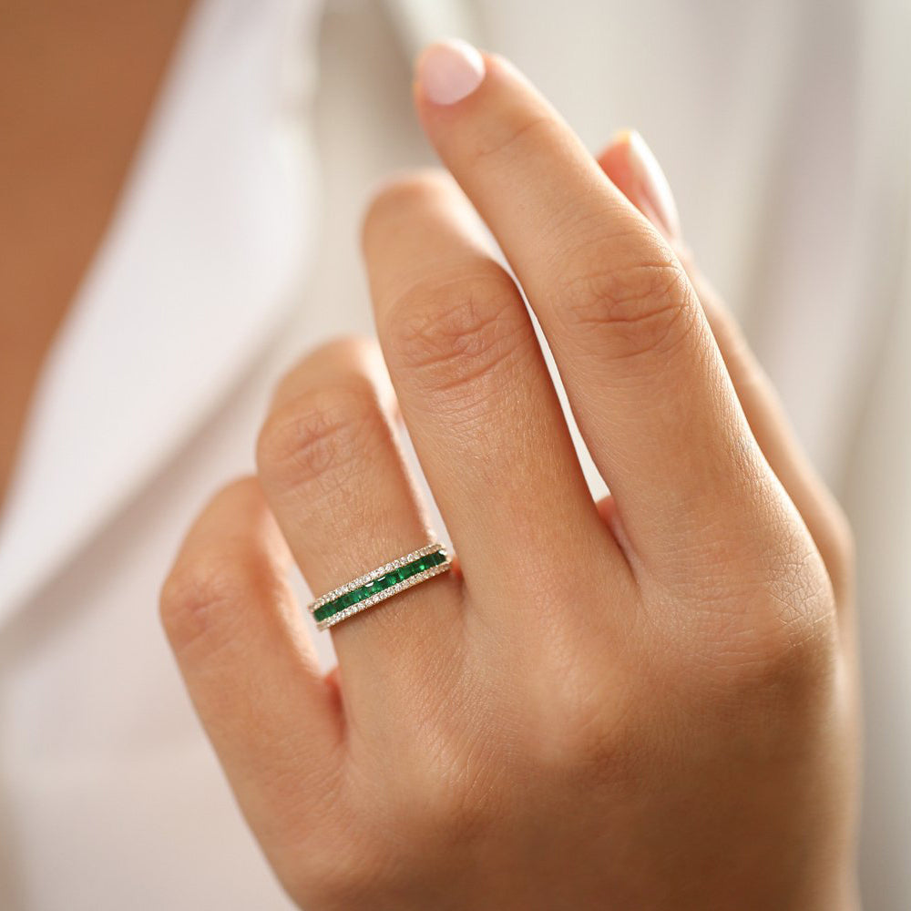 14k Half Eternity Square Emerald Anniversary Ring