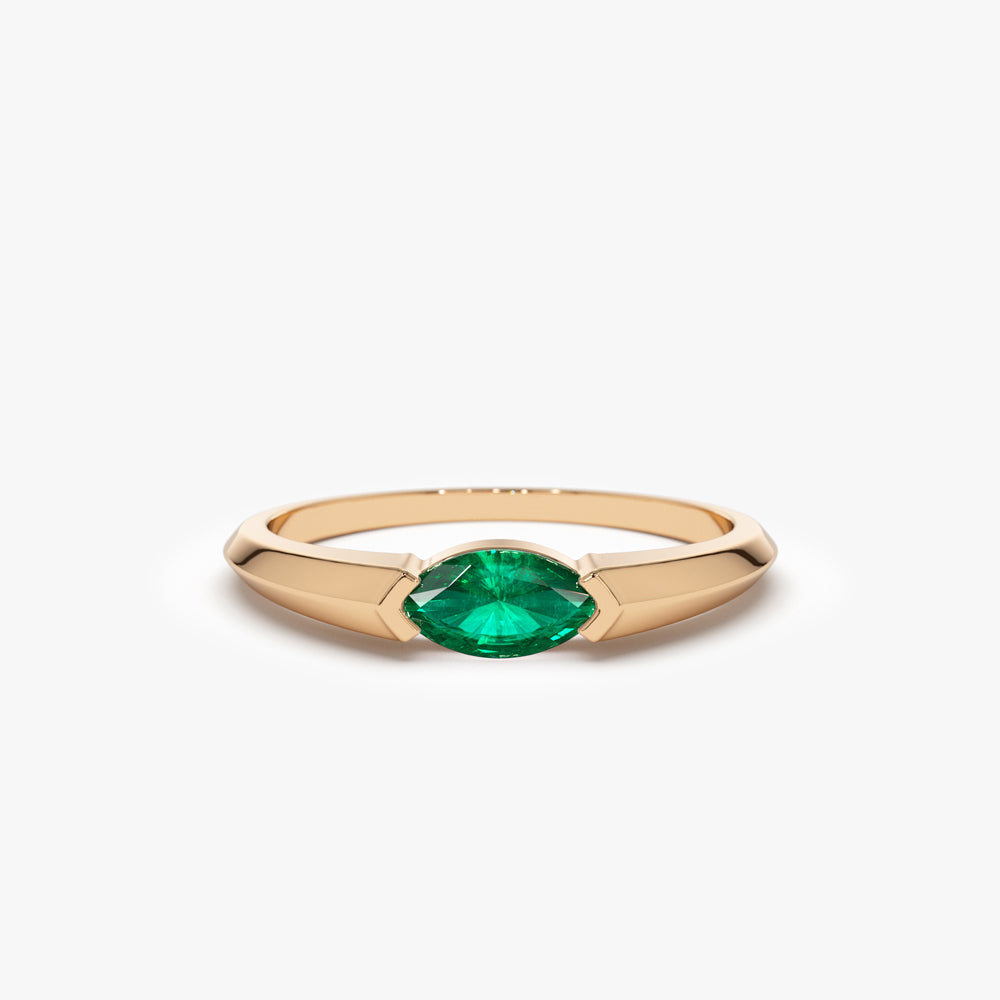 14K Horizontal Marquise Shape Natural Emerald Ring - Geum Jewels