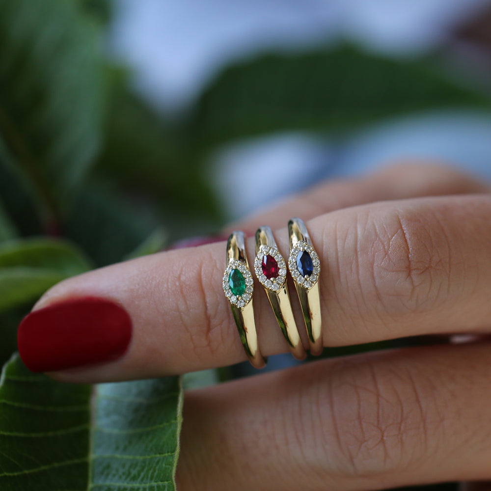 14k Marquise Emerald Ring in Halo Setting