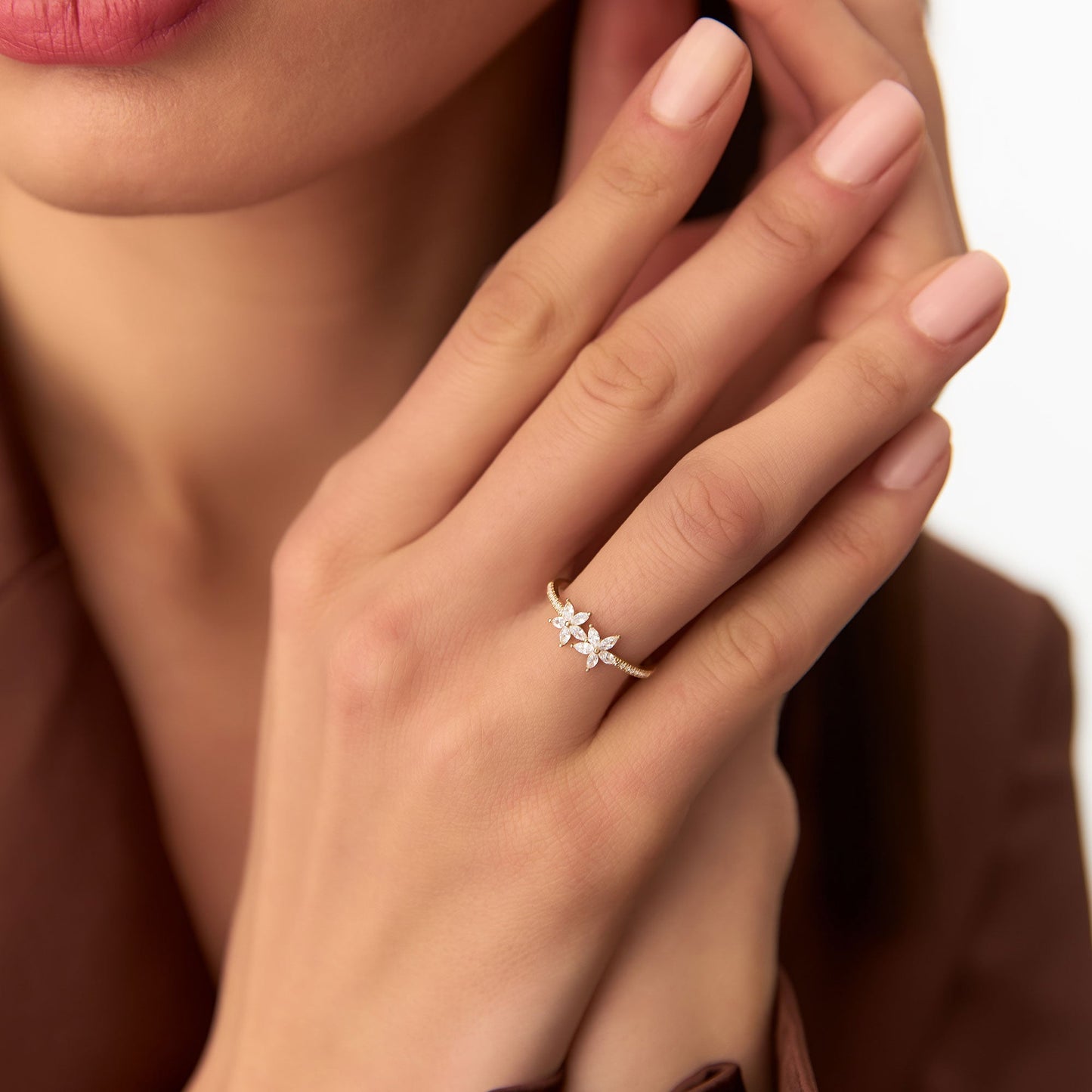14k Marquise Shaped Diamond Flower Design Statement Ring