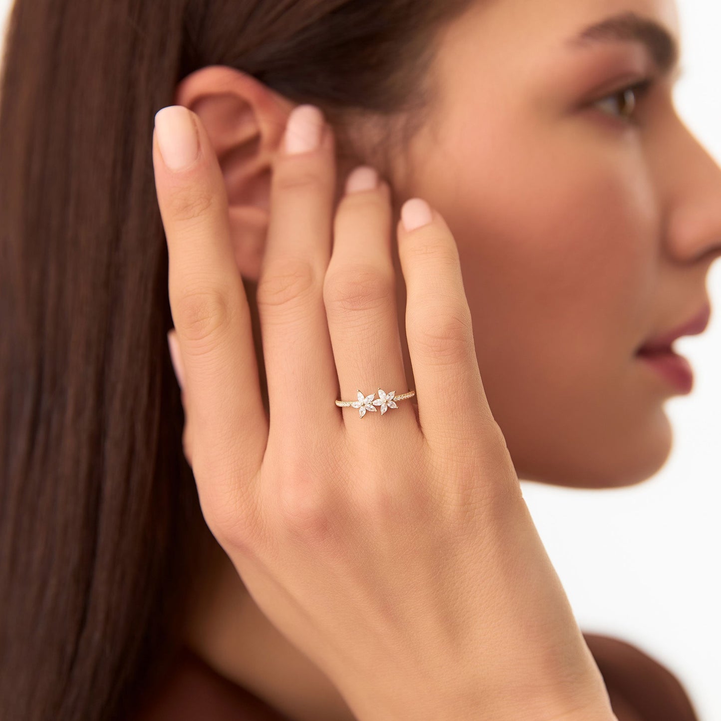 14k Marquise Shaped Diamond Flower Design Statement Ring