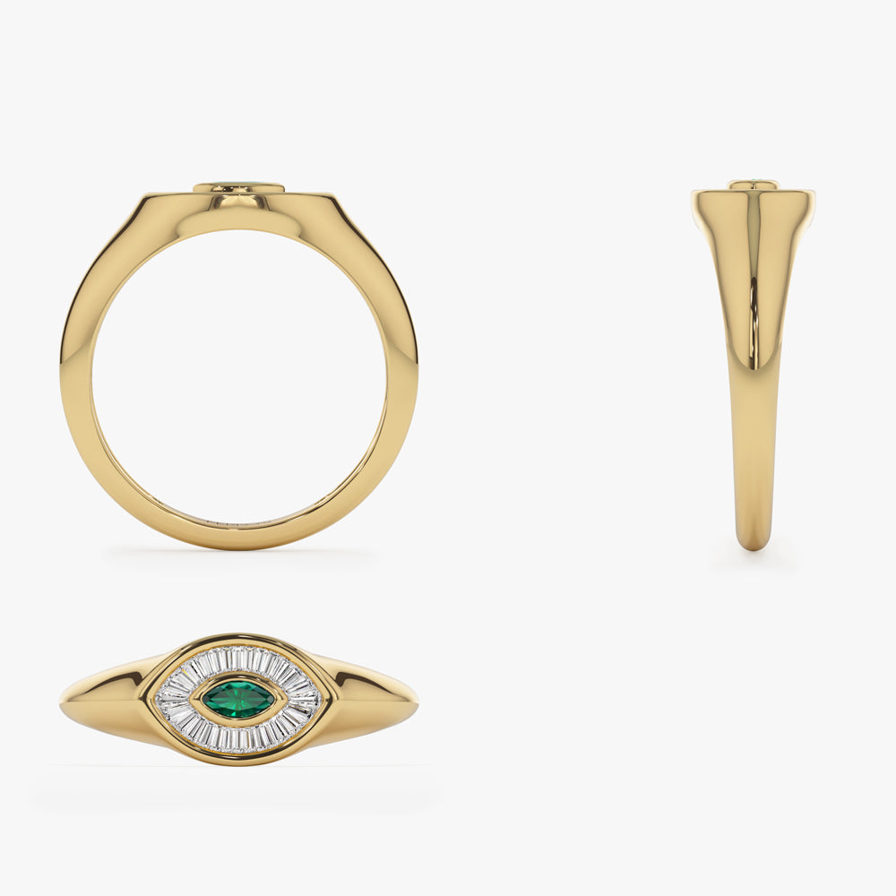 14k Marquise Shaped Emerald and Baguette Diamond Ring