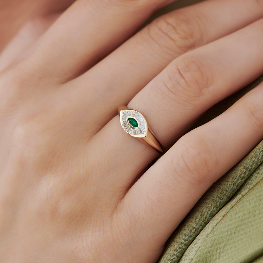 14k Marquise Shaped Emerald and Baguette Diamond Ring