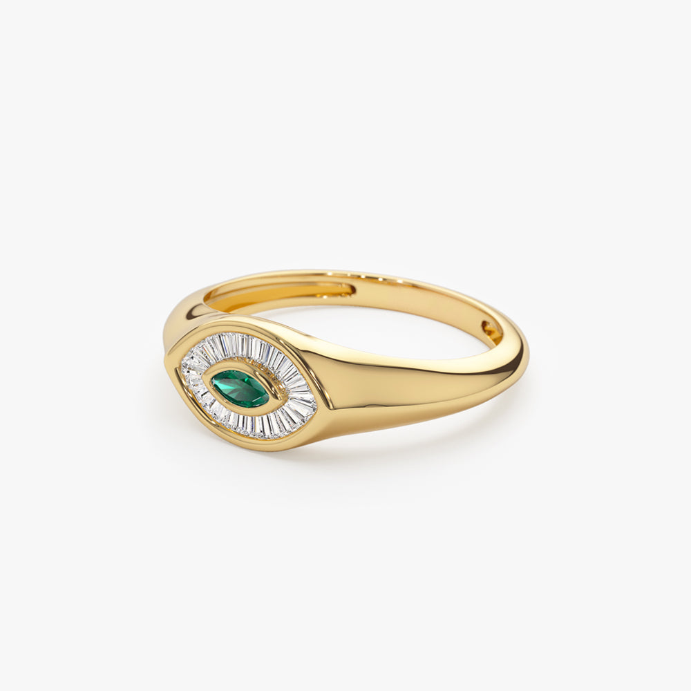 14k Marquise Shaped Emerald and Baguette Diamond Ring - Geum Jewels
