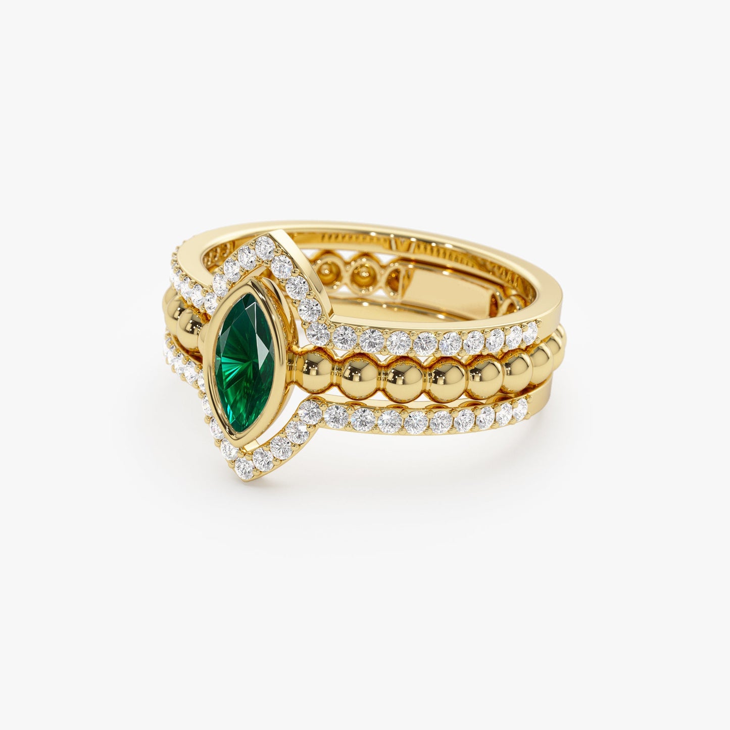 14k Marquise Shaped Emerald Ring with Nesting Diamond Bands - Geum Jewels