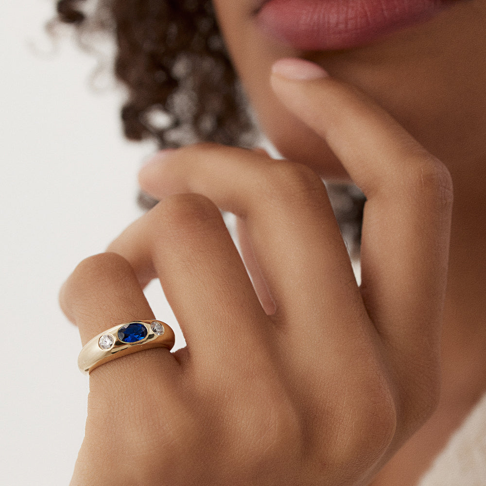14k Oval Blue Sapphire with Round Diamonds Dome Ring