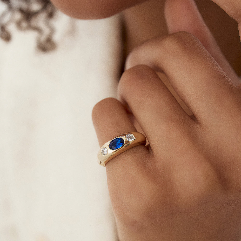 14k Oval Blue Sapphire with Round Diamonds Dome Ring