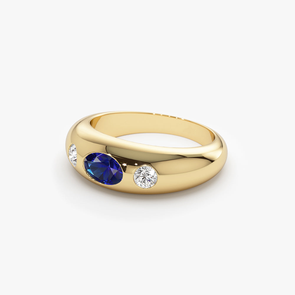 14k Oval Blue Sapphire with Round Diamonds Dome Ring - Geum Jewels