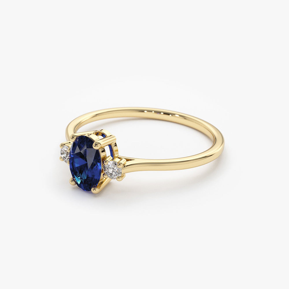 14k Oval Shape Sapphire and Diamond 3 Stone Ring
