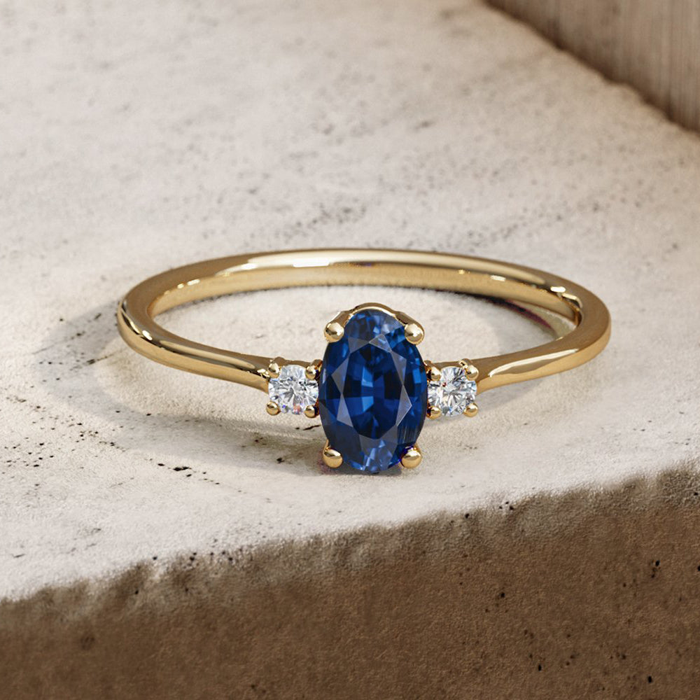 14k Oval Shape Sapphire and Diamond 3 Stone Ring