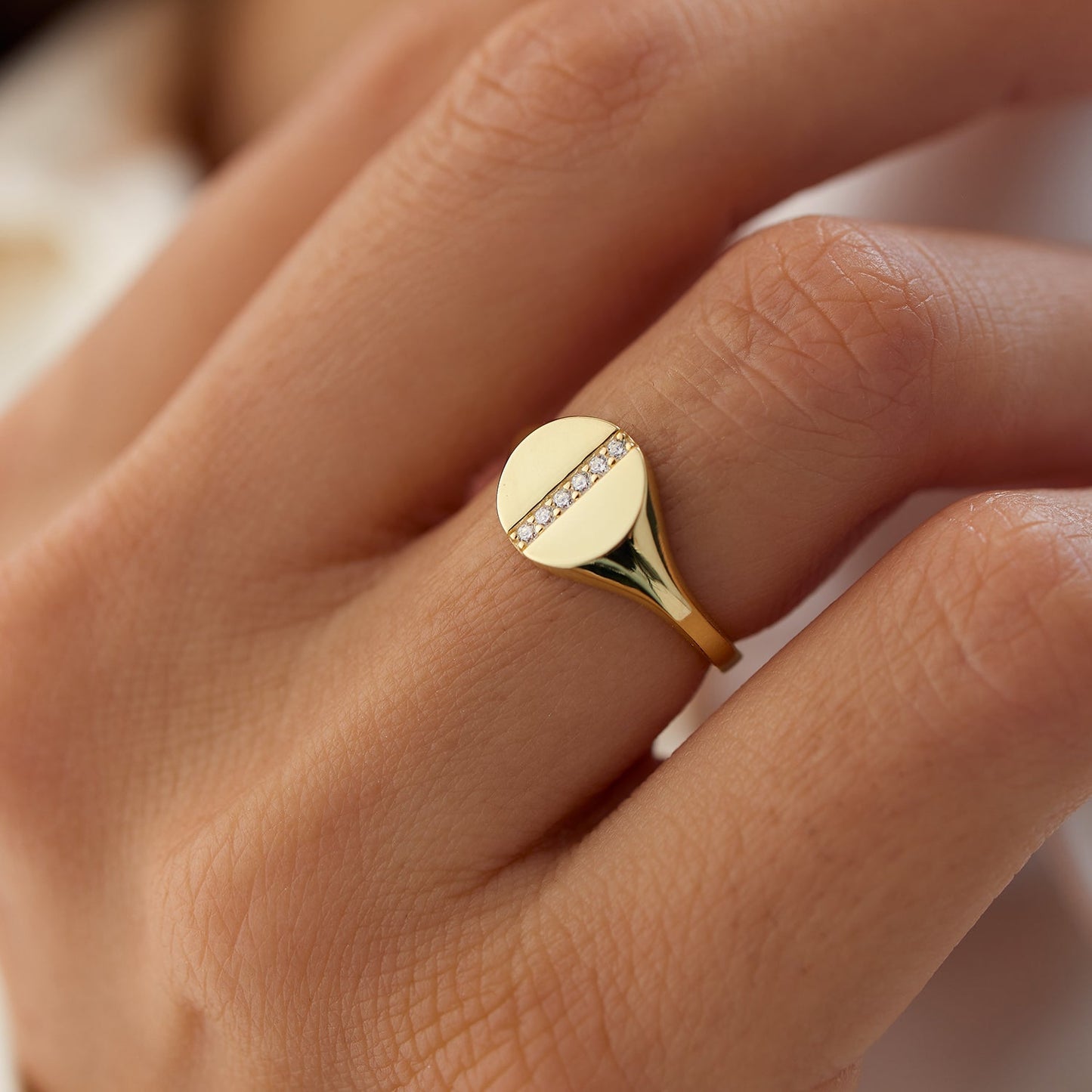 14k Pave Diamond Line Signet Pinky Ring