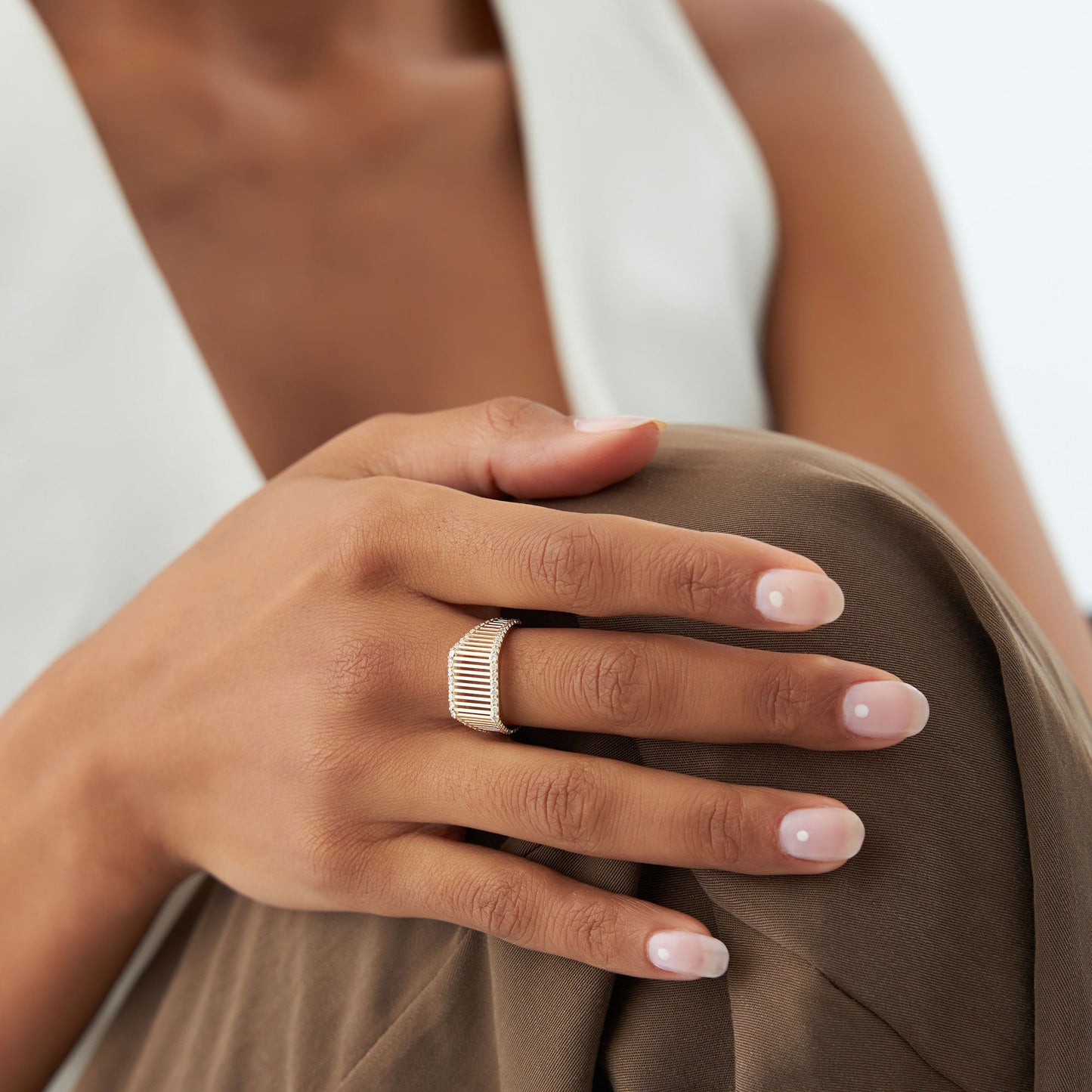14k Ribbed Unique Design Diamond Signet Ring