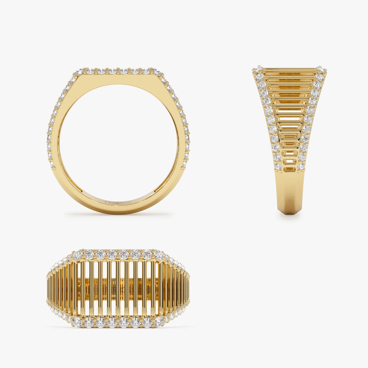 14k Ribbed Unique Design Diamond Signet Ring