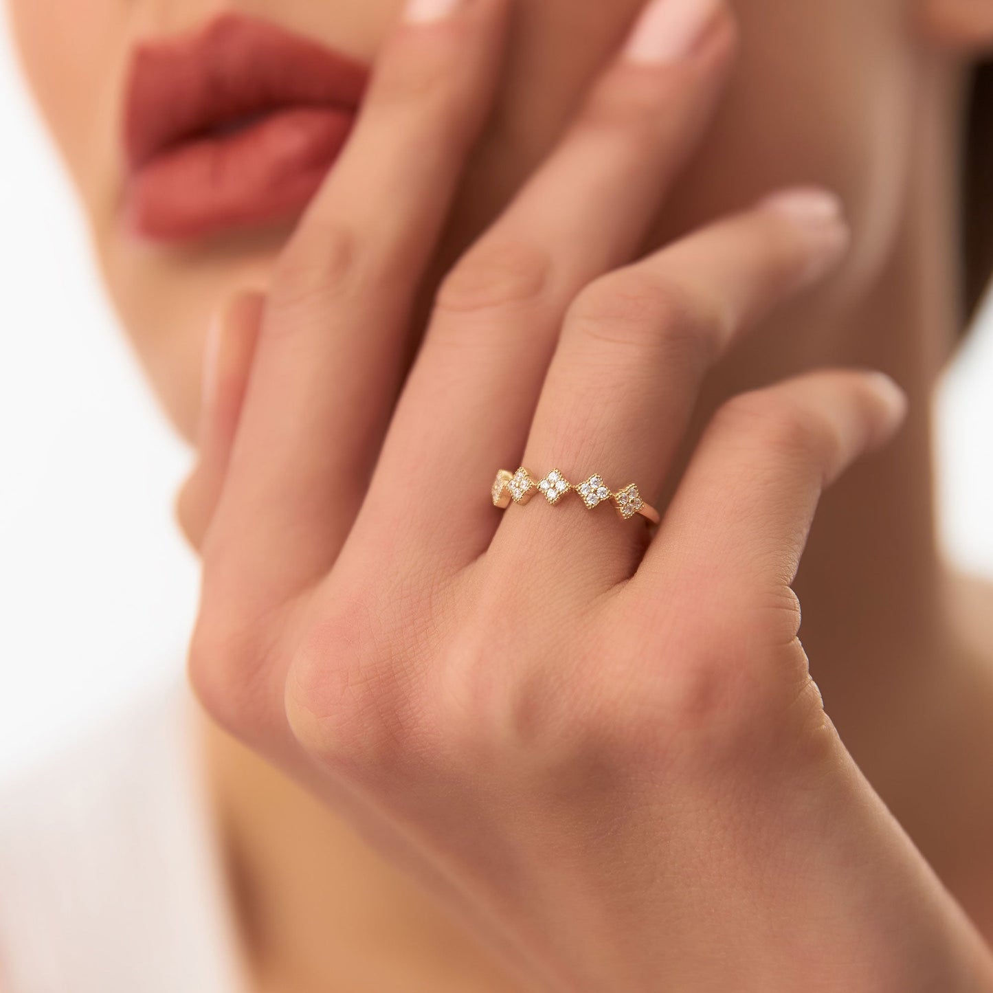 14k Round Diamond Stackable Clover Cluster Ring