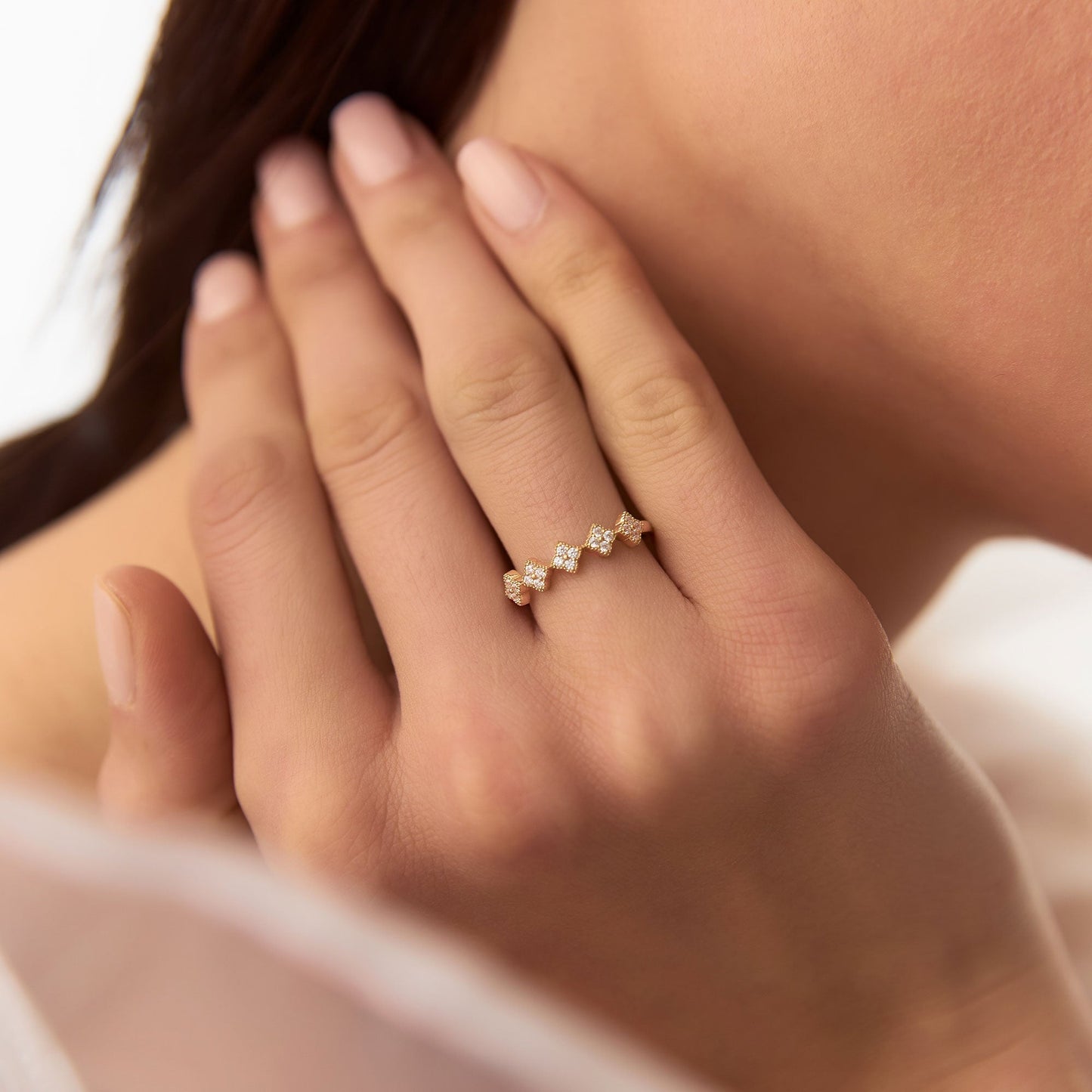 14k Round Diamond Stackable Clover Cluster Ring