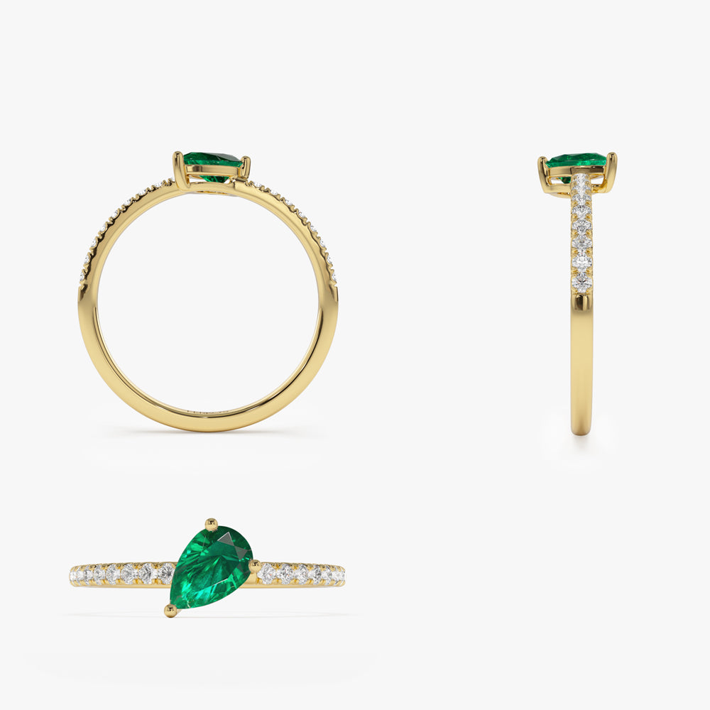 14k Slanted Pear Shape Emerald Ring with Pave Diamonds