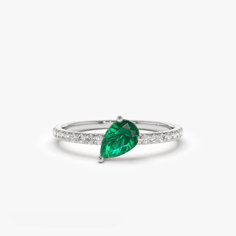 14k Slanted Pear Shape Emerald Ring with Pave Diamonds - Geum Jewels